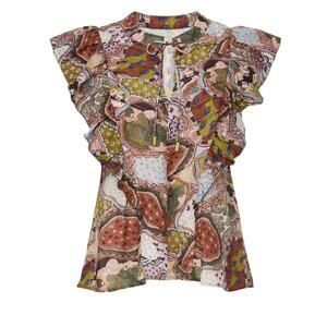 Chufy | Silk-Blend Brown Flutter Sleeve Tie-Neck Dekker Top | Size Medium